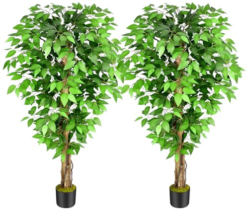 Keeplush Kunstpflanze Ficusbaum 150cm, Künstliche Pflanzen groß wie echt mit Stamm aus Naturholz, Kunstbaum groß für Wohnzimmer, Schlafzimmer, Büro, Garten (2 Pack)