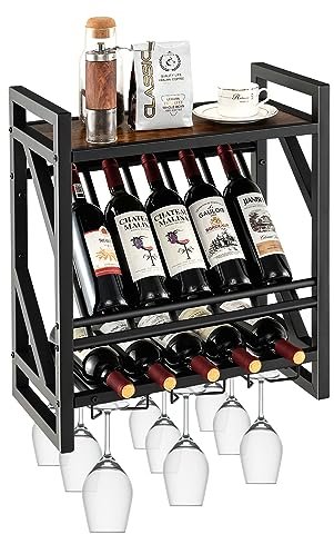 COSTWAY Porte-Bouteilles Mural Industriel, Étagère de Rangement avec Porte-Bouteilles 2 Niveaux et 3 Rangées de Porte-Verres, Gain de Place pour Cuisine, Bar, Salle à Manger