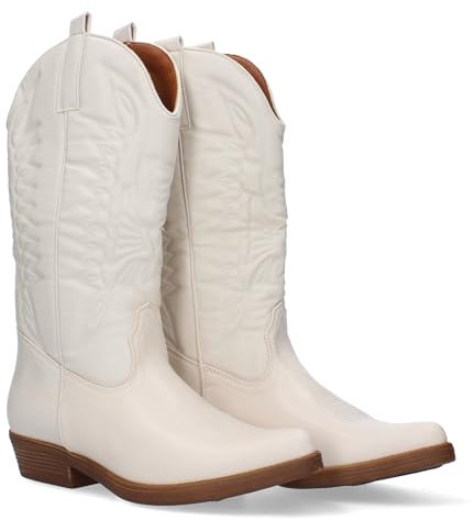 shoes&blues.es Stivale da donna con tacco comodo da ricamo, stile Cowboy, beige, 37 EU