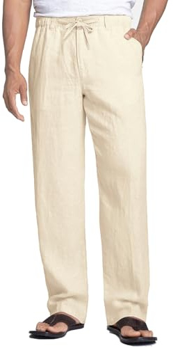 COOFANDY Men's Trousers Loose Fit Linen Pants Summer Elasticated Waist Trousers Baggy Drawstring Yoga Pants for Holday with Pockets Light Khaki XL