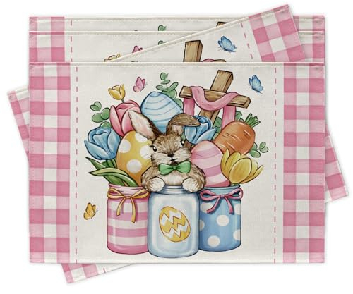 Croar Oster-Tischsets im Einmachglas-Design, religiöses Kreuz, Kaninchen, Eier, Karotte, Tulpe, Blume, Esstischdekoration, rosa kariert, Bauernhaus, Küche, Dekoration, 30,5 x 45,7 cm, 4 Stück