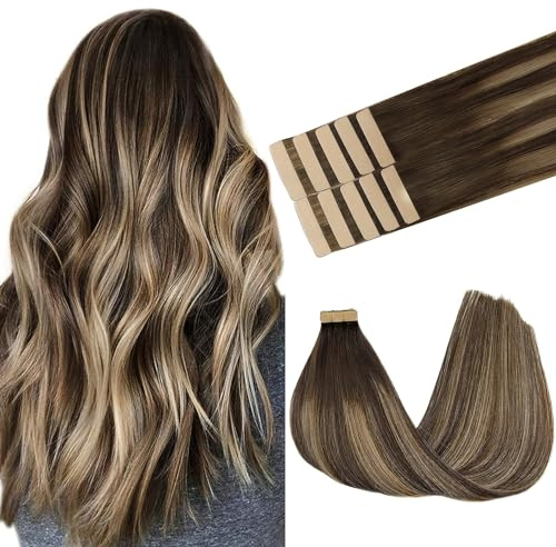 GOO GOO Tape in Extensions Echthaar, Tape Extensions Echthaar, 35cm 25g 10pcs, Extensions Echthaar, Haarverlängerung Echthaar, 4/26/4 Schokobraun bis Honigblond