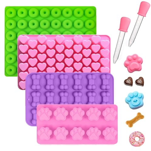 LightBeacon 4 Piezas Moldes Silicona Reposteria, Alfombrilla para Hornear para Perros con 2 Goteros, Alfombrilla para Hornear Juego de Galletas para Perros, para Chocolate, Caramelo, Gelatina