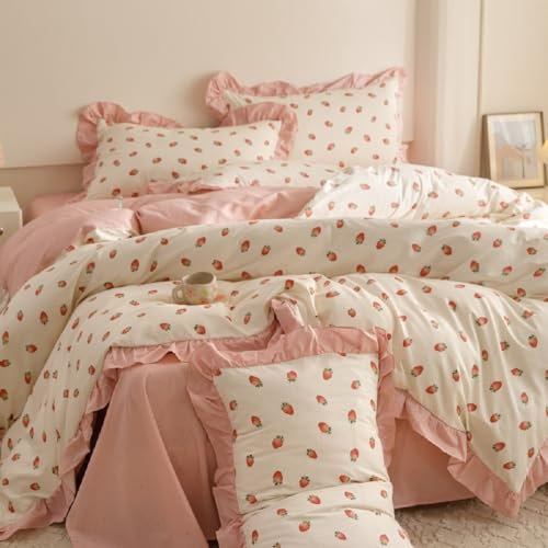 Lanqinglv Rüschen Bettwäsche 200x200 Rosa Erdbeeren Wendebettwäsche Set aus Weiche Mikrofaser,ÖkoTex Bettwäsche Romantisch Bettbezug mit Reißverschluss und 2 Kissenbezug 80x80cm