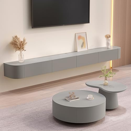 Consolle TV Sospesa da Parete con Anta e Cassetto, Mobile TV Moderno in Legno per Soggiorno e Ufficio, Mobile Salvaspazio per Appartamenti, Supporto TV da Parete 240 cm, Colore Grigio