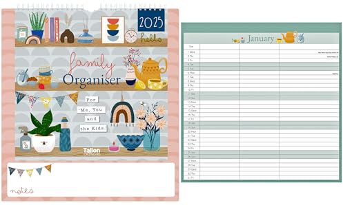 2026 Family Calendar UK – Tearooms Design – 3 Column Family Organiser Month to View Wall Planner & Dry Wipe Memo Board – Hanging Wall Calendar for 3 People – with UK Bank Holidays & Notes Section