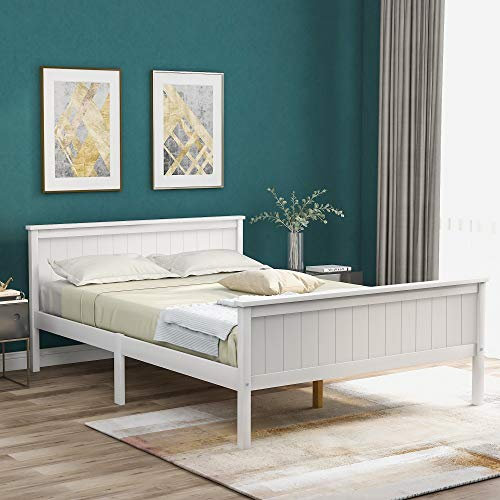 Merax Double Bed Frame, 4FT6 Wooden Bed Frame with Headboard and Footboard, Solid White Pine Bed, Ivory, 199x143x82 cm