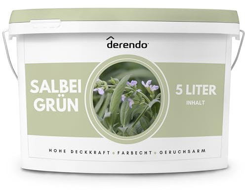 derendo Exklusive Wandfarbe grün 5L, hohe Deckkraft, Dispersionsfarbe innen, Innenwandfarbe Raumfarbe Salbeigrün, Deckkraftklasse 2, hochdeckende Innenfarbe Profi Qualität