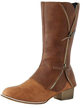 Stivali alti al ginocchio neri piatti da donna vintage in pelle solida doppia cerniera tacco spesso moda metà polpaccio stivali da donna stivali alti al ginocchio, Marrone, 40 EU