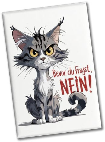 Ernste Katze - Bevor du fragst Nein Souvenir Souvenir Magnet Souvenir Magnet mit ernster Katze Graues Fell gelbe Augen und fragender Gesichtsausdruck