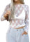 HAWILAND Women Y2K Lace Long Sleeve Top Mesh Sheer Crop Tops See Through Slim Fit Blouse T Shirt Going Out Party Festival Clubwear White,L