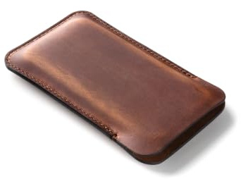 Crazy Horse Craft Leather Case for iPhone 16, 16 Pro, 16e, Slim Phone Pouch | Two sizes: bare handset, or one wearing a thin cover; Italian veg-tanned hide ages into a unique patina and guards the screen