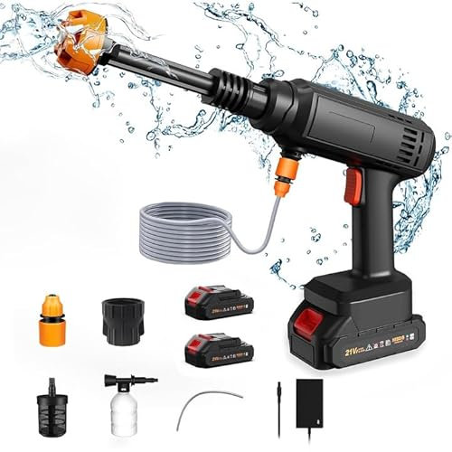Cordless Pressure Washer, 21V 60Bar Portable Pressure Washer, 6 in 1 Adjustable Nozzle, Handheld Washer Kit, High Pressure Washers for Car Floor Gardening Cleaning (2* Batteries)