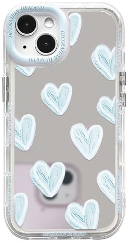 NITITOP Compatible with iPhone 13 Case Cute Glossy Mirror Love Heart Pattern for Women Girls Blue Lens Bezel Design Shockproof Silver Protective Phone Cover - Blue Heart