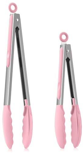 Homikit Küchenzange, Edelstahl Kochzange Grillzange 2er Set - Rosa | 30,3cm & 23,7cm Fleischzange, mit Hitzebeständige Silikongriff, Antihaft Silikonspitze, zum Kochen Grillen Servieren
