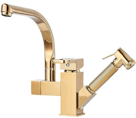 KHLMSRXJ Küchenarmatur, Mattschwarz, ausziehbares Bidet, Warm- und Kaltwassermischbatterie, 360-Grad-Drehung, Spüle, golden, ohne LED