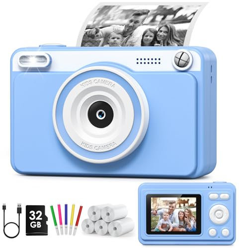 GREENKINDER Sofortbildkamera Kinder, 2.4 Zoll Bildschirm Kinderkamera Sofortbildkamera mit 32GB Karte & 5 Rollen Druckpapier,1080P Kamera Kinder Sofortdruck, Geschenk für 3-12 Jungen und Mädchen(Blau)