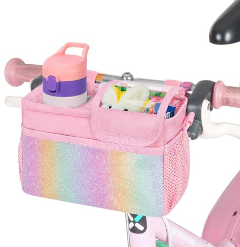 LoDrid Kids Bicycle Front Basket, Scooter Bag, Bike Accessory Storage with Insulated Cup Holder, Fits Most Handlebars, Trikes, with Removable Shoulder Strap, Pink (Bag Only)