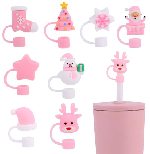 Fukaisu 8pcs Christmas Straw Cover for Stanley Cup 30/40 Oz Tumbler, 10mm Reusable Silicone Straw Toppers Lids Pink Xmas Themed Dust-Proof Caps Cute Drinking Accessories Holiday Party Decor