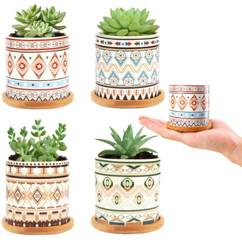 Nasxkji 4 piezas de macetas de cerámica para suculentas de 7,3 cm, maceta para cactus con soporte de bambú, patrón mandala, maceta para plantas miniatura, mini plantas y esquejes para decoración