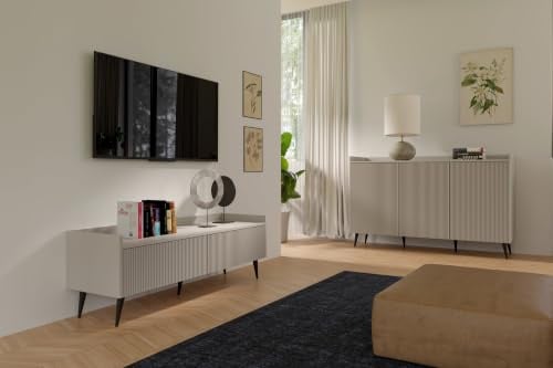 WFL GROUP TV-Lowboard 120 cm mit Rillenfronten & hohen Metallfüßen – Fernsehschrank mit Stauraum und Kabelmanagement in Beige Kaschmir – Minimalistisch Skandinavisch Design – Arysa