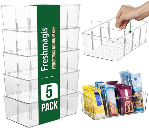 Freshmagis 5er-Pack durchsichtige Kunststoffbehälter mit Trennwänden, stapelbar, 4-Fach-Halter für Küche, Kühlschrank, Vorratskammer – ideal für Snacks, Beutel, Gewürze.