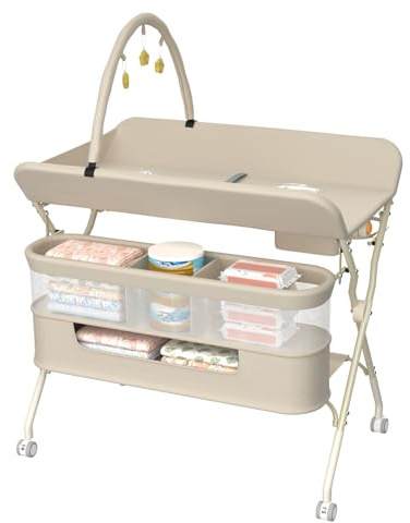 Belfoyer Wickeltisch Baby Pliable mit Spielbogen & Doppelter Aufbewahrung – Klappbare Wickelkommode Höhenverstellbar mit Rollen, Stabiler Metallrahmen & Praktisches Design (75×68×83-91 cm，Weiß)