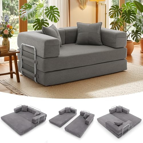 YINIX 5-in-1 Cordstoff Schlafsofa, Faltbares 2-Sitzer (Grau, 160 cm Breit)