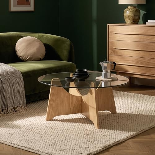 [en.casa] Glastisch Wohnzimmer Omlar Couchtisch Sofatisch rund Glasplatte Ø70 x 35 cm Beistelltisch Wohnzimmertisch Rauchglas Eicheoptik Rauchgrau