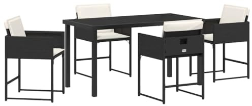 QJBSAVVA Juego de muebles de jardín de ratán sintético, 5 piezas, color negro con mesa de cristal y 4 sillas de jardín, incluye cojines de asiento, moderno grupo de asientos para terraza, balcón y