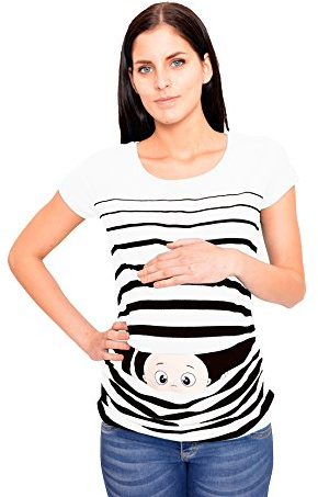 M.M.C. Umstandsshirt Kurzarm Damen mit Guck-Guck-Motiv – Umstandsmode T-Shirt für die Schwangerschaft, mitwachsende Raffung, 95% Baumwolle, S bis XL