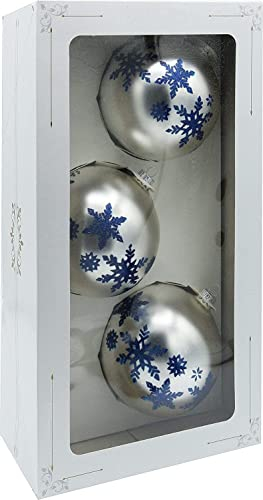 VITBIS Glaskugeln für Weihnachtsbaumschmuck Set mit 3 Einzigartigen Kugeln Handdekoriert Handbemalt Weihnachtsdekoration Durchmesser 10 cm in Silber mit Winterlichem Schneeflocken Dekor