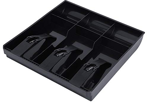 Caja Registradora de Plástico ABS, Bandeja de Efectivo con 3 Compartimentos para Billetes y 3 para Monedas, Negro, 24,5 x 24,5 x 3,5 cm, para Uso Comercial y Doméstico