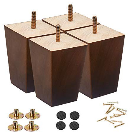 SHANJUE Wood Furniture Legs - 5 inch Sofa Legs Pack of 4 Square Brown Couch Legs, Mid Century Chair Feet, Sofa Replacement Parts, for Dresser, Sideboard, Recliner, Coffee Table