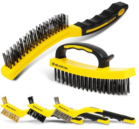BLOSTM Wire Brush Set - Nylon Brush Assortment, Stainless Steel Wire Brush and Brass Wire Brush with Hanging Hole - Ergonomic Handle Wire Brushes for Rust Removal, Paint, Moss, Cleaning - Set of 5