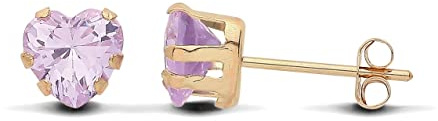 Old English Jewellers 9ct Yellow Gold Lavender Amethyst Heart Solitaire Stud Earrings For Women. Ladies Gold Stud Earrings. Stone Measures 5mm x 5mm