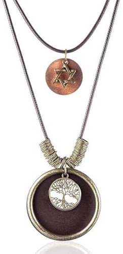 Woman Double Layer Long Necklaces Tree of Life Pendant Wooden Wood Chokers Necklace for Women Jewelry Trendy, wax strings, metal