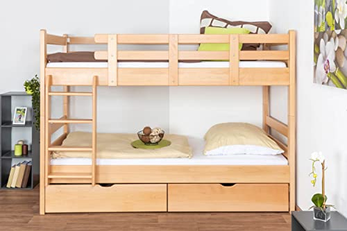 Etagenbett für Erwachsene Easy Premium Line K20 inkl. 2 Schubladen und 2 Abdeckblenden, Kopf- und Fußteil gerade, Buche Vollholz massiv Natur - Liegefläche: 90 x 200 cm, teilbar