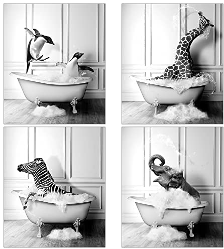Badezimmer bilder Tiere in der Badewanne Gemälde 4 Paneele Leinwand Pinguine, Giraffen, Zebras, Elefanten Tier Schwarz Weiß Wand Kunst DruckeTraumbad Poster,Kein Rahmen(50x70cm*4)