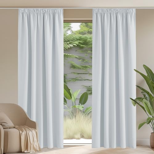 PONY DANCE Verdunkelnde Gardinen für Schienensystem Wohnzimmer Vorhang Thermo Hitzeschutz 2er Set H 300 x B 140 cm Verdunklungsvorhänge Wärmeisolierend Thermal Curtains, Grau-weiß