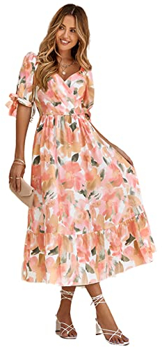 HEYPORK Damen Frühling Sommer Rock Bequem Lässig Kleider Mode Elegant Röcke Frauen Gedruckt Taille Versammlung Puffärmel V-Ausschnitt Kleid Lang(Rosa, S)