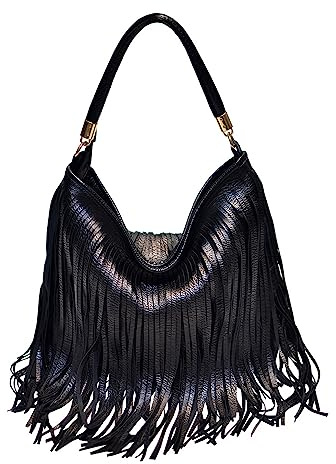EVEOUT Sac à bandoulière à Pampilles pour Femme Grande Sacs portés Main avec Double Franges Mode Sacs portés épaule Franges(Noire)
