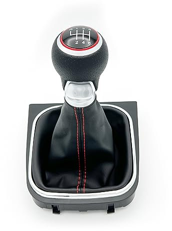 SYNCPARTS Pomo para palanca de cambios de 6 marchas, de piel sintética perforada, para VW Golf V y VI, EOS, Jetta 5, Jetta 6, Scirocco 3, diseño deportivo, color negro y rojo, acabado de aluminio,