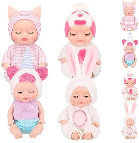 EKKONG Baby Reborn Puppen, Babypuppe 4 Stück, Baby Mini Puppen,Waschbares PVC-Material,Mini Schlafende Wiedergeburt Puppen für Mädchen, Kleinkinder, Kinder