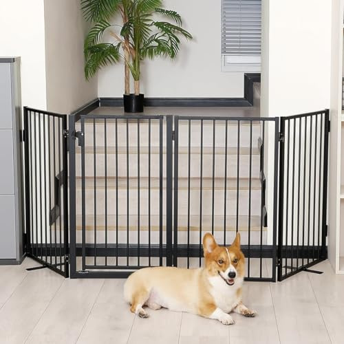 Paulmele Metal Freestanding Dog Gates with Door for Outdoor Indoor,80'' Extra Wide 32'' Tall Free Standing Dog Gate for Doorways,Large Openings,Deck,Porch,Foldable Safety Pet Fence(Black,4 Panels)