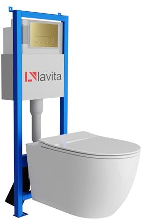 Lavita LAV 101 SINTO GRANDE Élément mural pour WC 40 cm + évier mural suspendu sans bord + panneau de commande LAV 200.3.5 doré | Kit complet | Réservoir de chasse encastré | WC complet