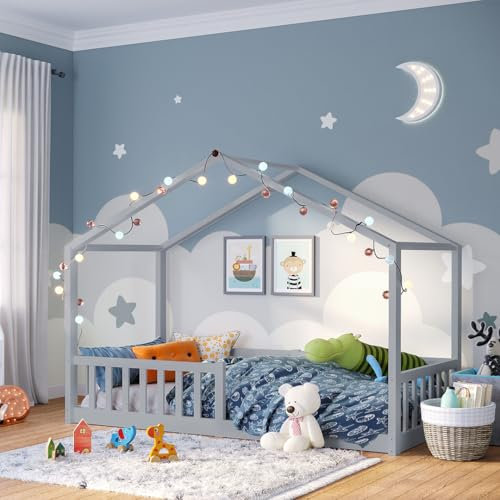 Bellabino Bia Kinderbett 90x200 cm – Hausbett mit Matratze, Rausfallschutz & Lattenrost – Montessori Bodenbett aus Massivholz Kiefer – Kinder Bett in Grau für Jungen und Mädchen