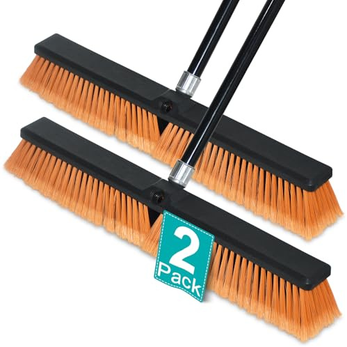 2 Pack 24 Push Broom Heavy Duty Outdoor, Shop Broom with 60 Long Handle