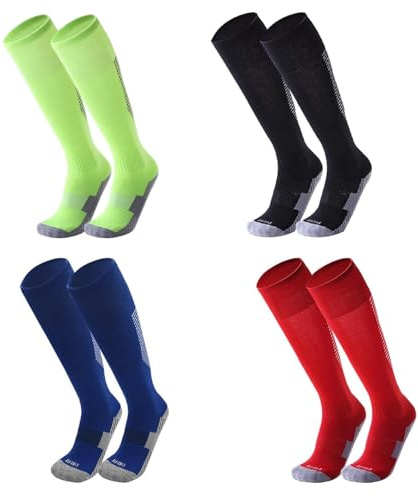 Fjquamitix 4 Pairs Football Socks for Kids Knee High Breathable Non-Slip Rugby Soccer Sports Socks for Boys 9-12 Years Old