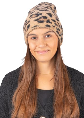 Seasons of April Damen Leo Mütze Veya, Beige, Grau, One Size, Alltag & Outdoor, Winter, Herbst, Feinstrick, Leopardenmuster